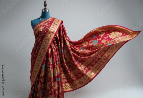 Red Banarasi silk saree on mannequin photo