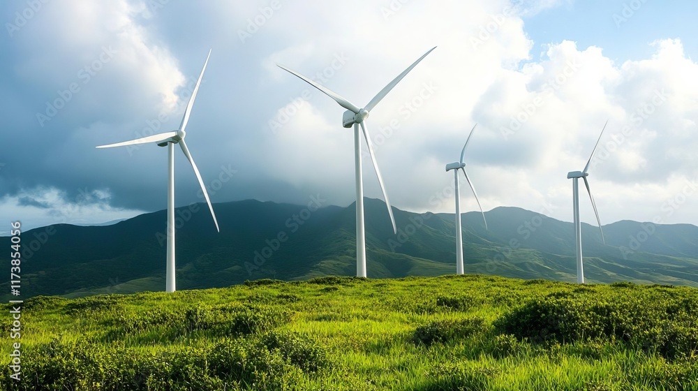 Wind turbines spinning in a lush green meadow, blending technology with nature Wind turbines spinning in a lush green meadow, blending technology with nature