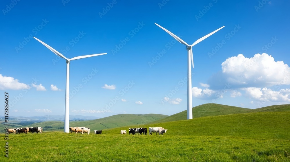 Fototapeta premium Wind turbines surrounded by rolling green hills and grazing livestock, pastoral harmony