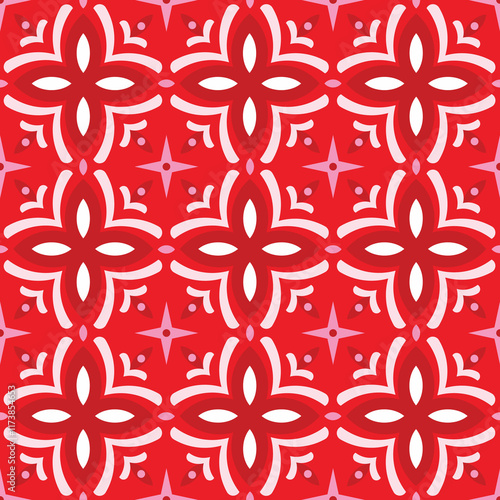 Modern flat flower pattern. Minimalist Xmas simple pattern on red background. Flat vector pattern stars and abstract elements.