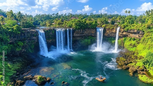 A stunning waterfall surrounded by lush greenery and a serene pool of water.