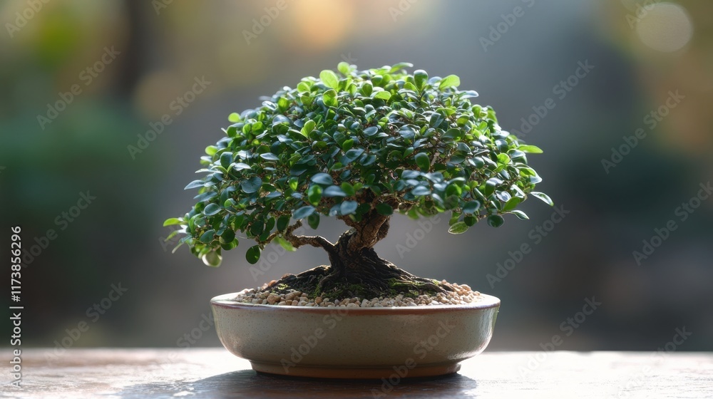 Bonsai tree with lush green leaves displayed in serene outdoor setting under warm sunlight during golden hour. Generative AI Bonsai tree with lush green leaves displayed in serene outdoor setting under warm sunlight during golden hour. Generative AI