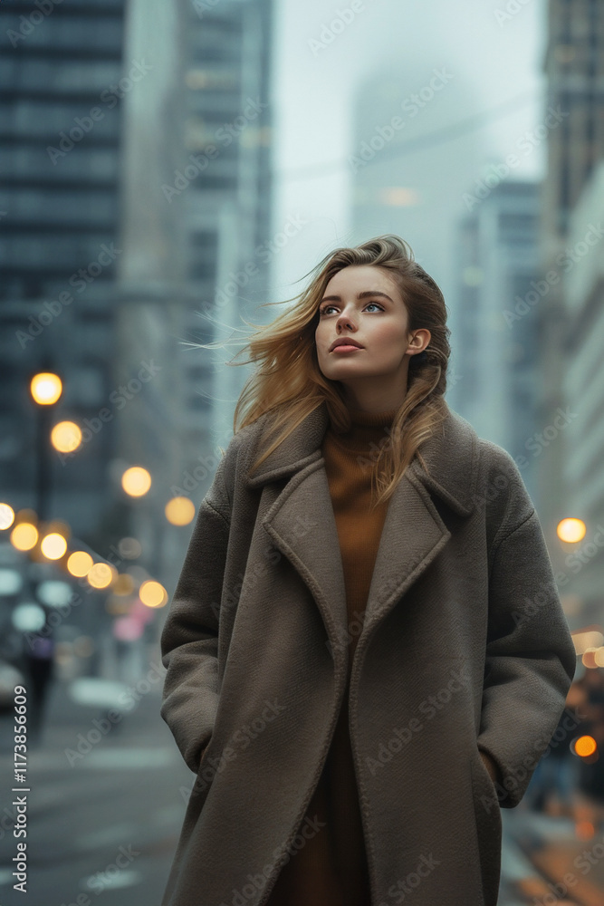 Woman in coat walking on city street during overcast day with tall buildings in background and city lights glowing softly. Woman in coat walking on city street during overcast day with tall buildings in background and city lights glowing softly.