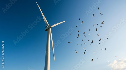 Wind turbines with trails of birds circling around, life and motion