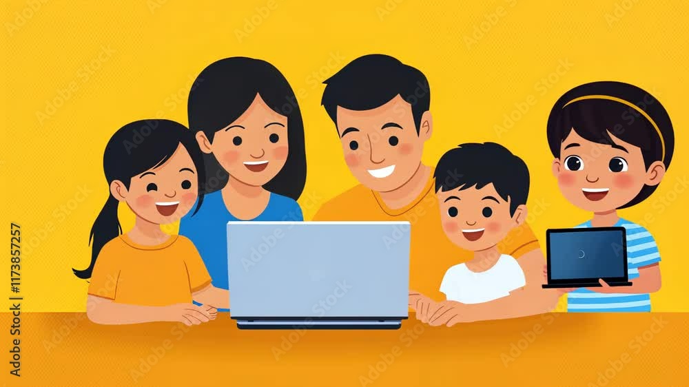 Family Students Using Laptop Together at Home for Fun Educational Activities Family Students Using Laptop Together at Home for Fun Educational Activities