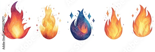 Five watercolor flames red, orange, blue, yellow.