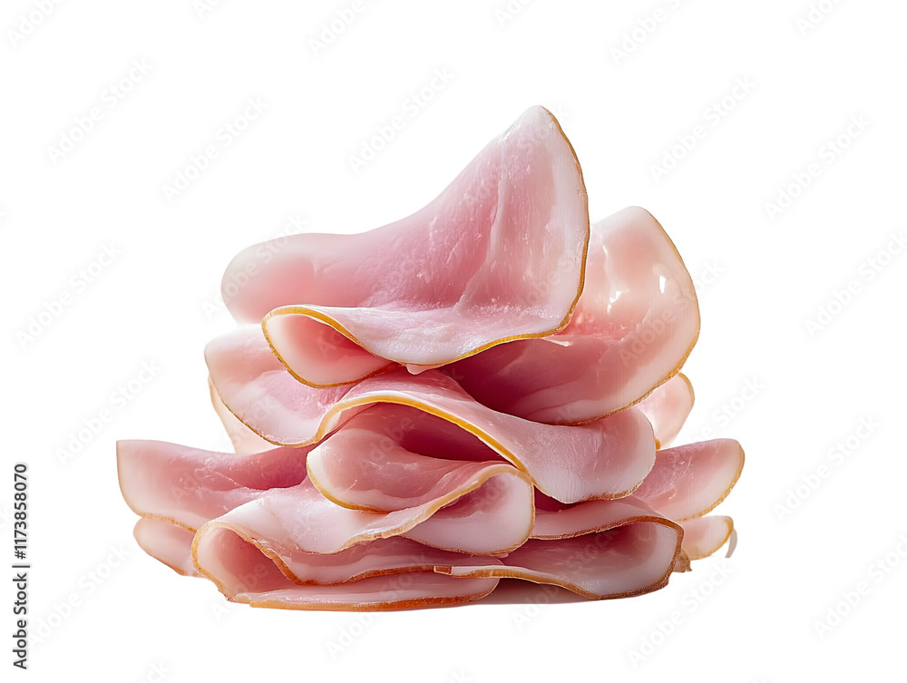 Delicate slices of pink ham, arranged in a neat pile, showcasing the smooth texture of the meat, isolated on white background PNG transparent. Delicate slices of pink ham, arranged in a neat pile, showcasing the smooth texture of the meat, isolated on white background PNG transparent.