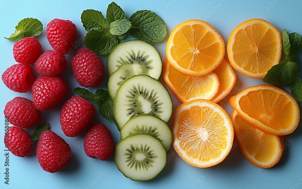Raspberries, kiwi, orange slices & mint leaves on blue background. Raspberries, kiwi, orange slices & mint leaves on blue background.