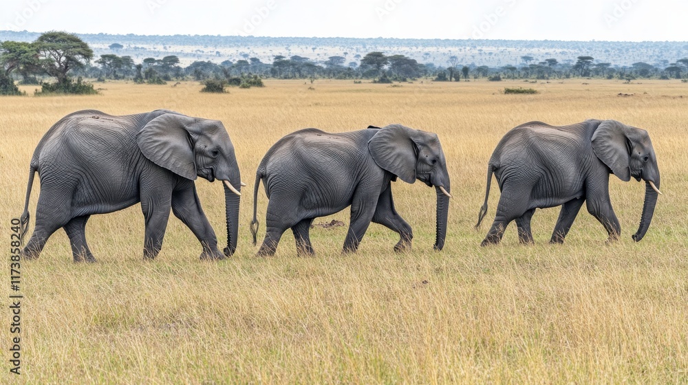 Fototapeta premium Elephants Walking Across Grassy Plain Near Rocky Outcrop