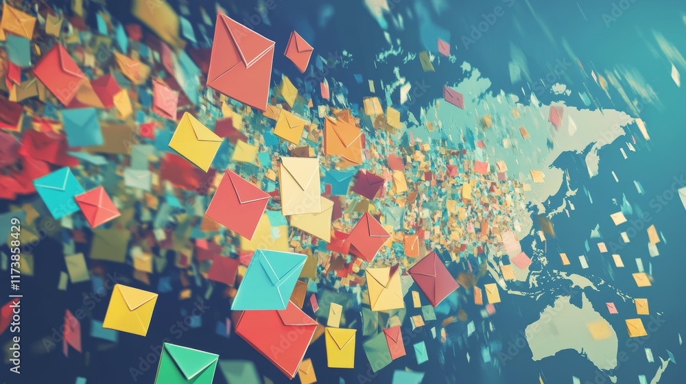 Fototapeta premium Creative Representation of Digital Communication With Colorful Envelopes Floating Over a World Map Illustrating Global Email Exchange