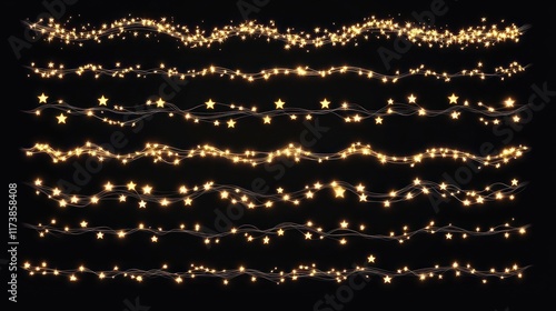 Set of golden glowing Christmas lights with stars isolated on black background. Perfect for festive decorations cards and invitations.