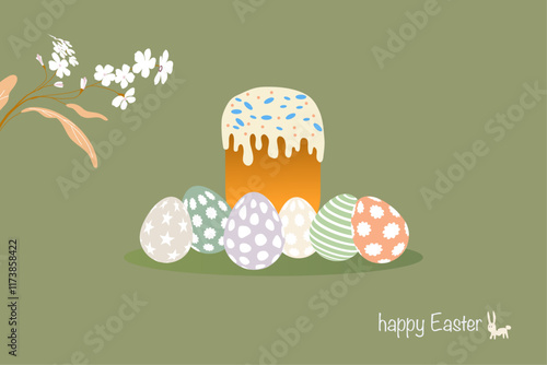 Easter cake and eggs with white flowers