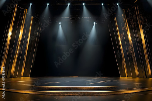 Black and gold stage with a spotlight on it. The stage is empty and the lighting is bright