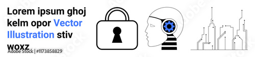 Person with gear in head represents innovation, lock signifies security, and cityscape highlights urban development. Ideal for technology, security, urban planning, innovation, futuristic concepts