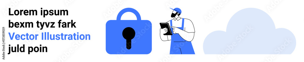 Blue lock icon, technician with tablet, and cloud motif. Ideal for cybersecurity, data protection, cloud services, IT, online privacy, system maintenance, and network security themes. Banner Blue lock icon, technician with tablet, and cloud motif. Ideal for cybersecurity, data protection, cloud services, IT, online privacy, system maintenance, and network security themes. Banner
