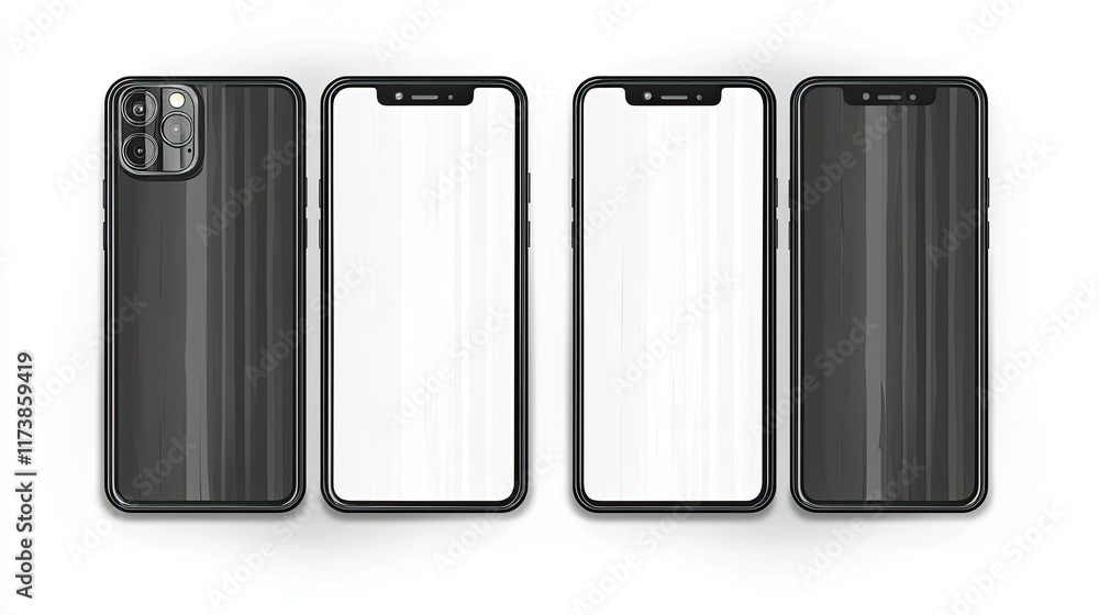 Four black smartphones shown from different angles, including back, front, and sides, with blank screens for mockup. Four black smartphones shown from different angles, including back, front, and sides, with blank screens for mockup.
