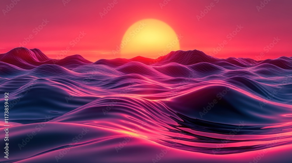A vibrant sunset over stylized waves, showcasing a surreal landscape of colors. A vibrant sunset over stylized waves, showcasing a surreal landscape of colors.