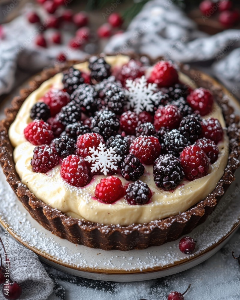 chocolate tart with berries and snowflake sprinkles