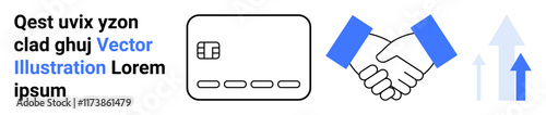 Credit card with handshake icon and upward arrows, text on left side. Ideal for business, finance, teamwork, growth, partnership, success agreement. Landing page