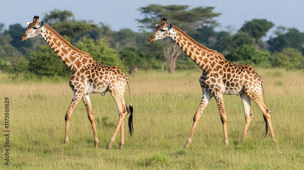Giraffes Walking in Grassy Savannah at Golden Hour Giraffes Walking in Grassy Savannah at Golden Hour