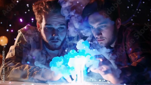 Two men are looking at a glowing orb on a table. The image has a mysterious and intriguing mood, as the men seem to be trying to understand the nature of the glowing object photo