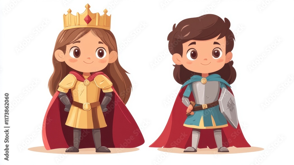 Two adorable cartoon characters dressed as a king and queen ready for an adventure in a magical kingdom at dawn. Generative AI Two adorable cartoon characters dressed as a king and queen ready for an adventure in a magical kingdom at dawn. Generative AI