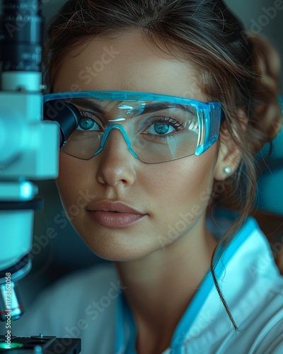 Scientist in protective gear examines samples under microscope in genetic research laboratory