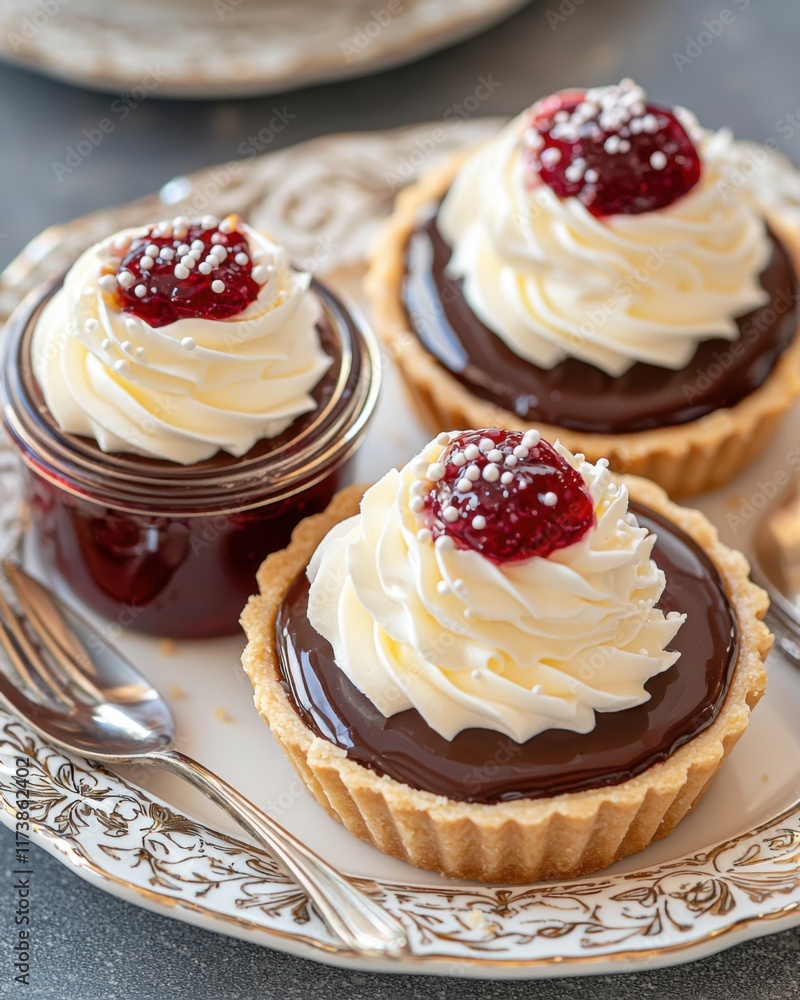 chocolate tart with cream and jam jars chocolate tart with cream and jam jars