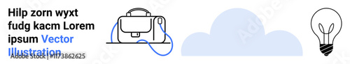 Messenger bag with strap, blue cloud silhouette, and light bulb. Ideal for travel, technology, cloud computing, education, innovation, business, creativity Landing page
