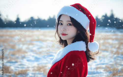 Young Asian Woman in a Santa Claus Costume Standing in a Snowy Winter Landscape, Combining Festive Charm and Seasonal Beauty photo