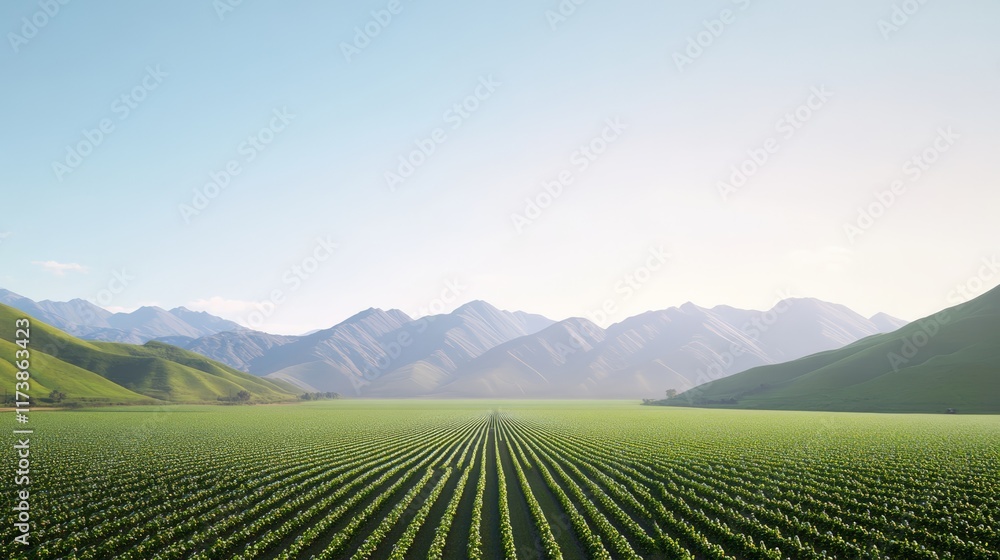 Fototapeta premium Rows of vibrant green crops stretch towards a majestic mountain range, showcasing sustainable agriculture practices in a picturesque valley bathed in sunlight