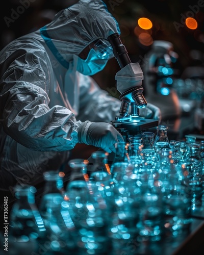 Scientist in protective gear examining samples with microscope in genetic research lab setting