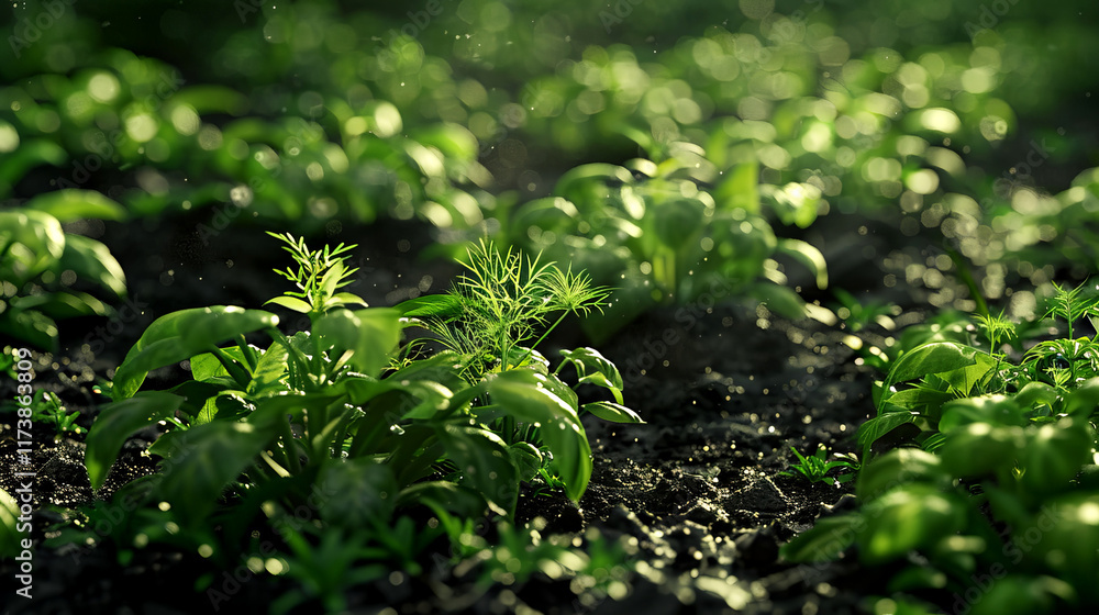 Rows of vibrant herbs flourish in a garden, nourished by the earth and sunlight. The fresh greenery indicates care and attention to organic gardening Rows of vibrant herbs flourish in a garden, nourished by the earth and sunlight. The fresh greenery indicates care and attention to organic gardening