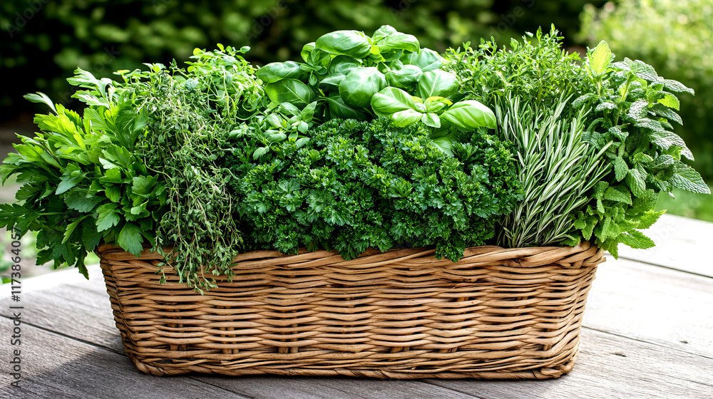 A lively assortment of fresh herbs fills a woven basket, showcasing basil, parsley, thyme, and mint, all thriving in a sunny garden setting during springtime A lively assortment of fresh herbs fills a woven basket, showcasing basil, parsley, thyme, and mint, all thriving in a sunny garden setting during springtime