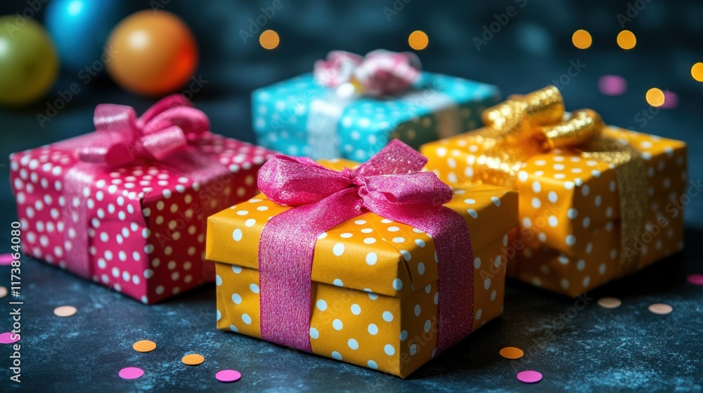 Obraz premium Colorful gift boxes with ribbons and polka dots on a festive background.