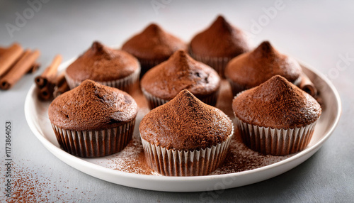 hocolate muffins with cocoa powder on white dessert plate photo