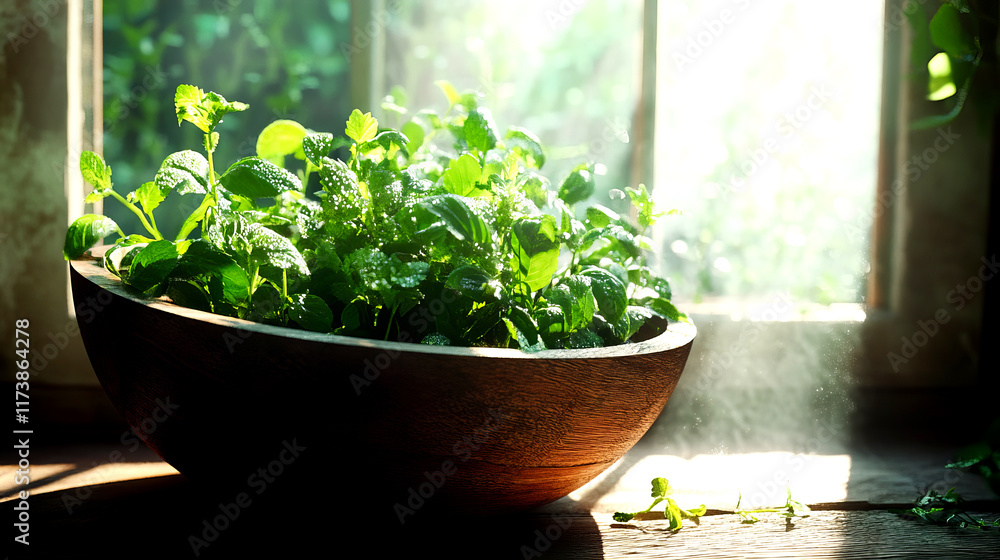 A wooden bowl filled with fresh herbs sits on a rustic table, illuminated by soft sunlight streaming in through a nearby window A wooden bowl filled with fresh herbs sits on a rustic table, illuminated by soft sunlight streaming in through a nearby window