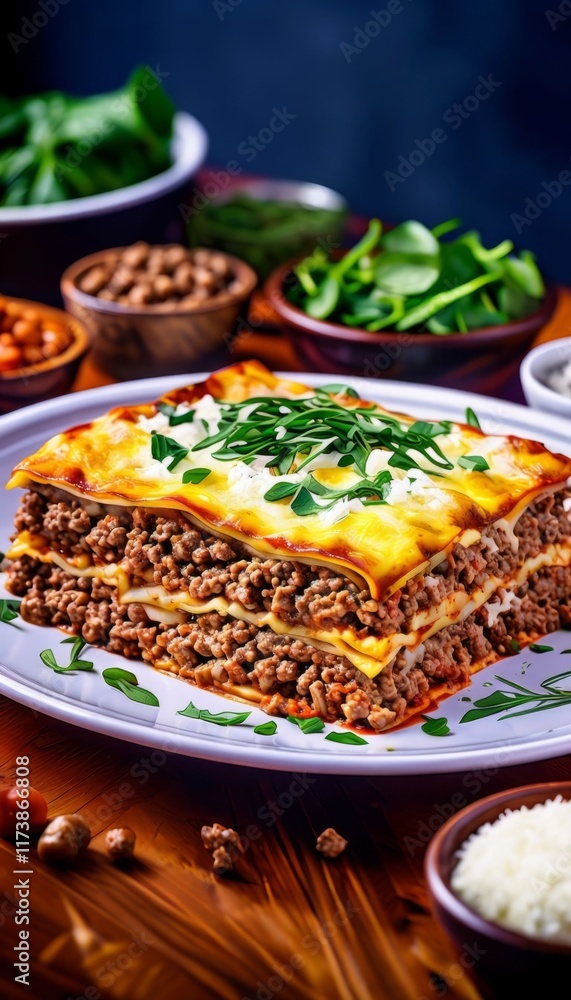 Rich meat lasagna topped with melted cheese, garnished with fresh basil. Presented on wooden board with vibrant vegetables, creating a delightful scene for food enthusiasts and recipe inspiration. Rich meat lasagna topped with melted cheese, garnished with fresh basil. Presented on wooden board with vibrant vegetables, creating a delightful scene for food enthusiasts and recipe inspiration.