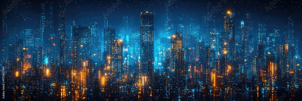 Fototapeta premium Futuristic city skyline at night, glowing buildings and lights.