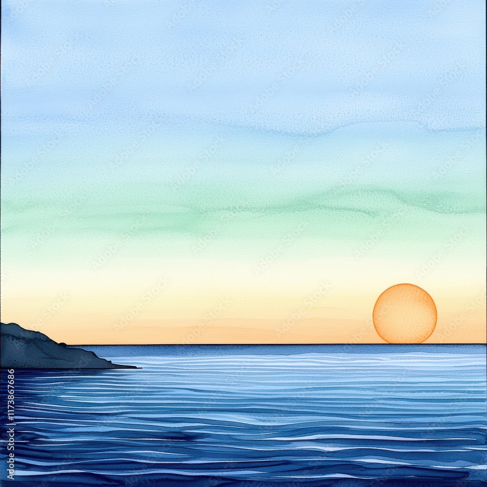 Obraz premium A serene sunset over calm waters, with gentle waves and a soft sky blending colors from orange to blue, creating a peaceful coastal scene.