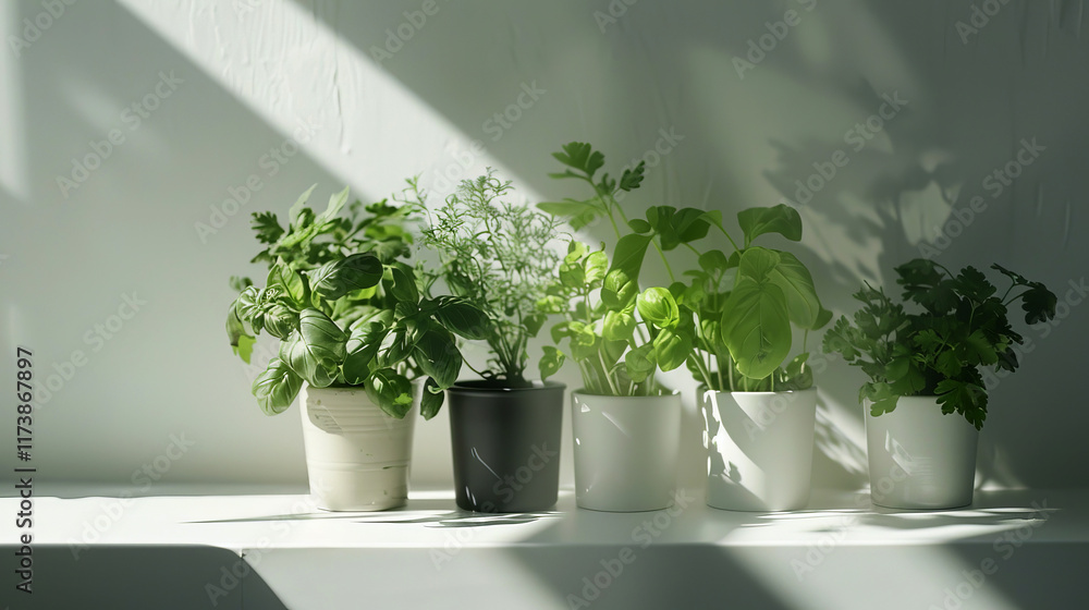 Bright green herbs are neatly placed in pots on a white table, softly lit by sunlight filtering through a window, creating a warm kitchen ambiance Bright green herbs are neatly placed in pots on a white table, softly lit by sunlight filtering through a window, creating a warm kitchen ambiance