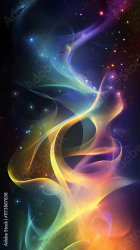 Abstract background featuring glowing, soft pastel waves in vibrant colors with a mystical glow, creating a dreamy and ethereal atmosphere