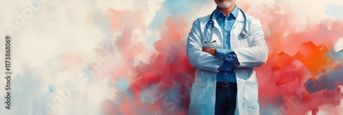 Confident doctor with arms crossed, standing against an abstract background