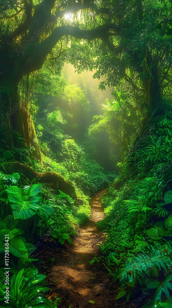 A forest trail meanders through a lush green landscape illuminated by soft sunlight, creating a serene and tranquil atmosphere surrounded by vibrant foliage A forest trail meanders through a lush green landscape illuminated by soft sunlight, creating a serene and tranquil atmosphere surrounded by vibrant foliage