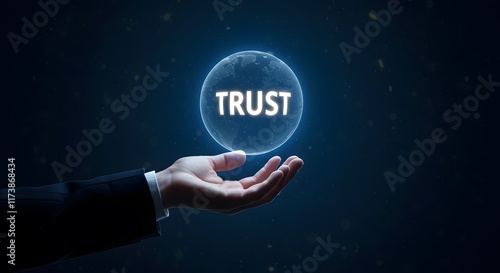Trust and transparency representation with glowing globe held by hand symbolizing confidence and futuristic corporate approach