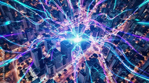 City skyline illuminated by colorful lights and dynamic energy patterns at night