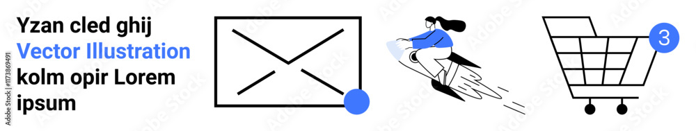 Shopping cart icon with notification dot showing 3 items, woman on a scooter delivering, placeholder image with text. Ideal for e-commerce, delivery service, online shopping, cart management Shopping cart icon with notification dot showing 3 items, woman on a scooter delivering, placeholder image with text. Ideal for e-commerce, delivery service, online shopping, cart management