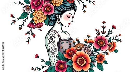 Colorful tattooed woman surrounded by flowers in vibrant, artistic illustration