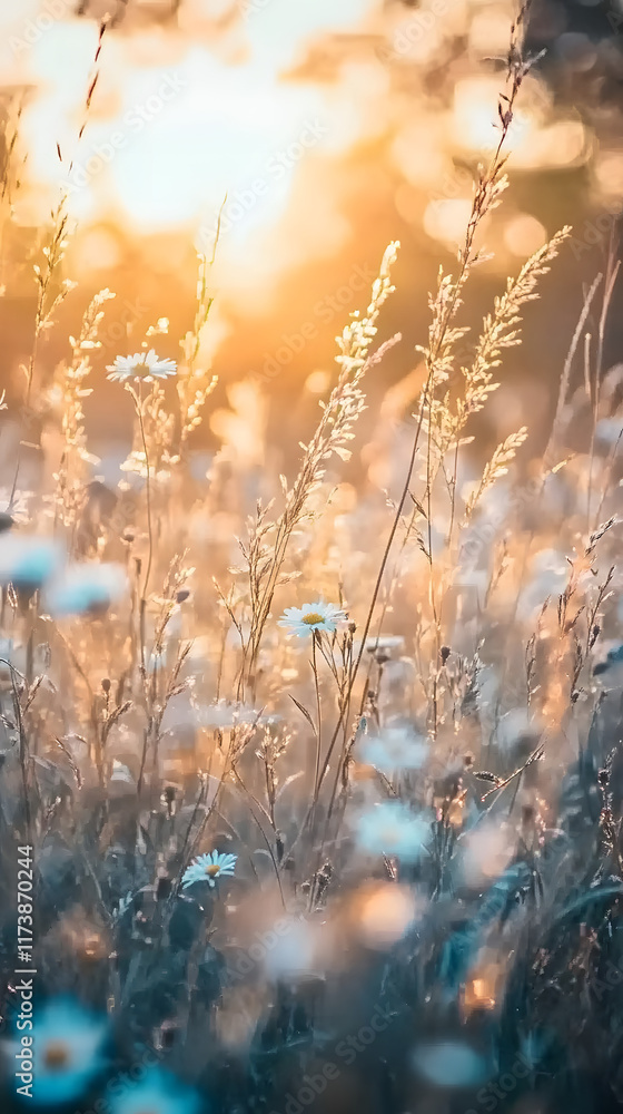 Obraz premium Tall wild grasses and daisies gently sway in a golden sunset, capturing the tranquil beauty of nature in a serene and peaceful setting