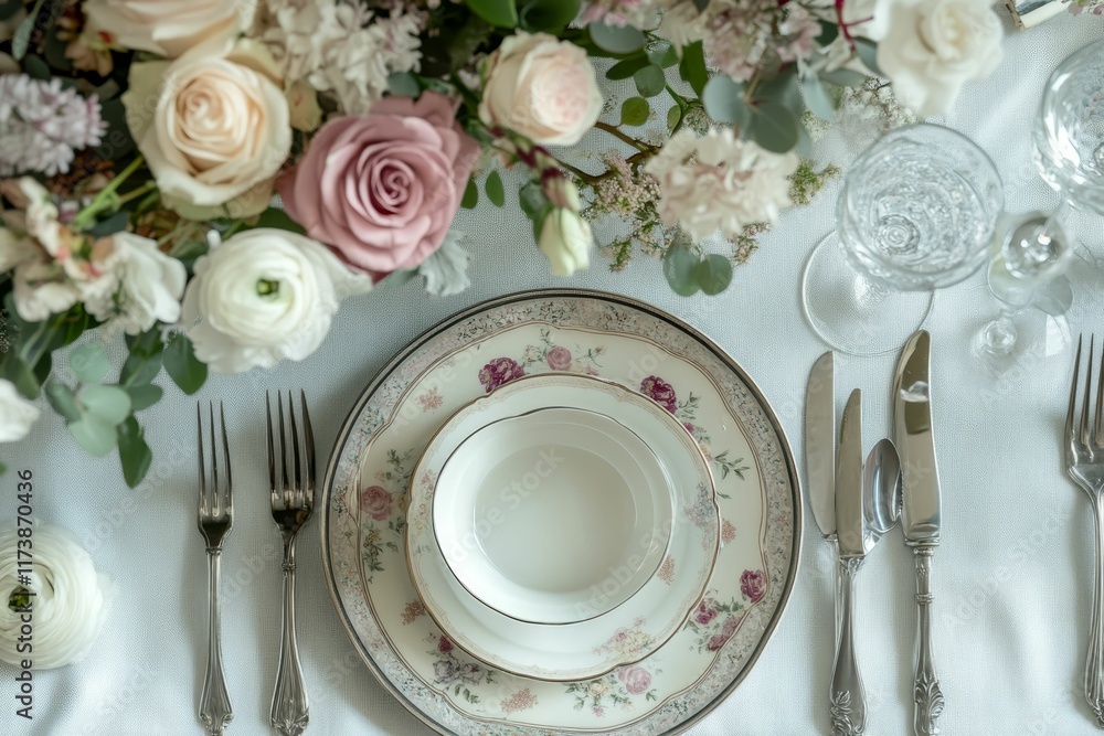 Floral centerpiece, elegant place setting, silver cutlery. Floral centerpiece, elegant place setting, silver cutlery.